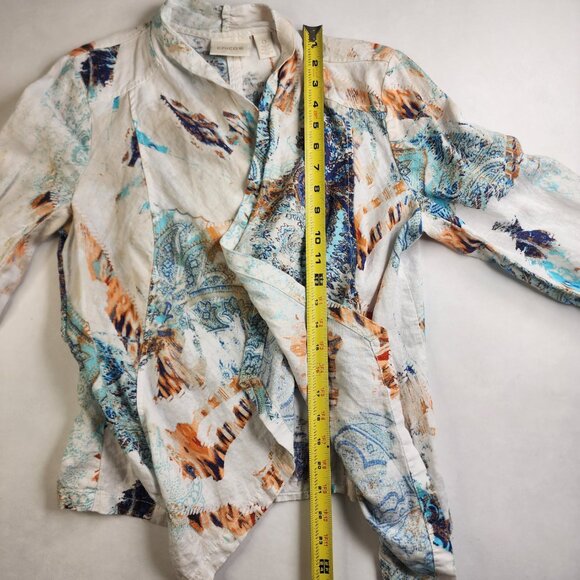 Chicos Women’s Cardigan Size 0 XS White Multi Abstract Open Front Chiffon Dolman - Picture 9 of 13